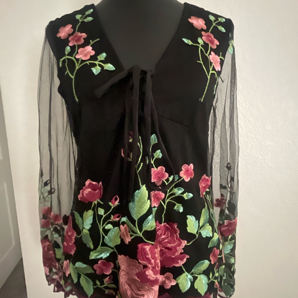 VENUS Black Blouse with Pink and Green Floral Design - Picture 2 of 8